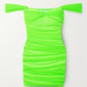 Norma Kamali Walter off-the-shoulder ruched neon green stretch-mesh mini dress